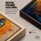Panoramic artwork depicting a serene Buddha portrait with closed eyes and calm expression against a textured abstract background. Deep blue tones define the figure while bold orange and gold brushstrokes create contrast around the head and shoulders, emphasizing a tranquil meditative presence.