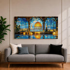 Panoramic artwork depicting the Dome of the Rock with its golden dome rising above detailed blue tiled architecture. The scene is framed by large stone arches and stained glass panels while sunlight reflects across the floor, highlighting the historic Jerusalem landmark beneath a bright sky.