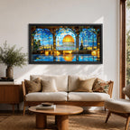 Panoramic artwork depicting the Dome of the Rock with its golden dome rising above detailed blue tiled architecture. The scene is framed by large stone arches and stained glass panels while sunlight reflects across the floor, highlighting the historic Jerusalem landmark beneath a bright sky.