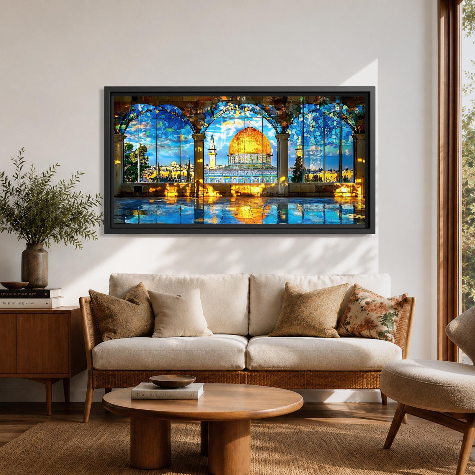 Panoramic artwork depicting the Dome of the Rock with its golden dome rising above detailed blue tiled architecture. The scene is framed by large stone arches and stained glass panels while sunlight reflects across the floor, highlighting the historic Jerusalem landmark beneath a bright sky.