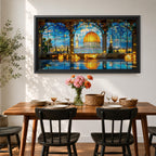 Panoramic artwork depicting the Dome of the Rock with its golden dome rising above detailed blue tiled architecture. The scene is framed by large stone arches and stained glass panels while sunlight reflects across the floor, highlighting the historic Jerusalem landmark beneath a bright sky.