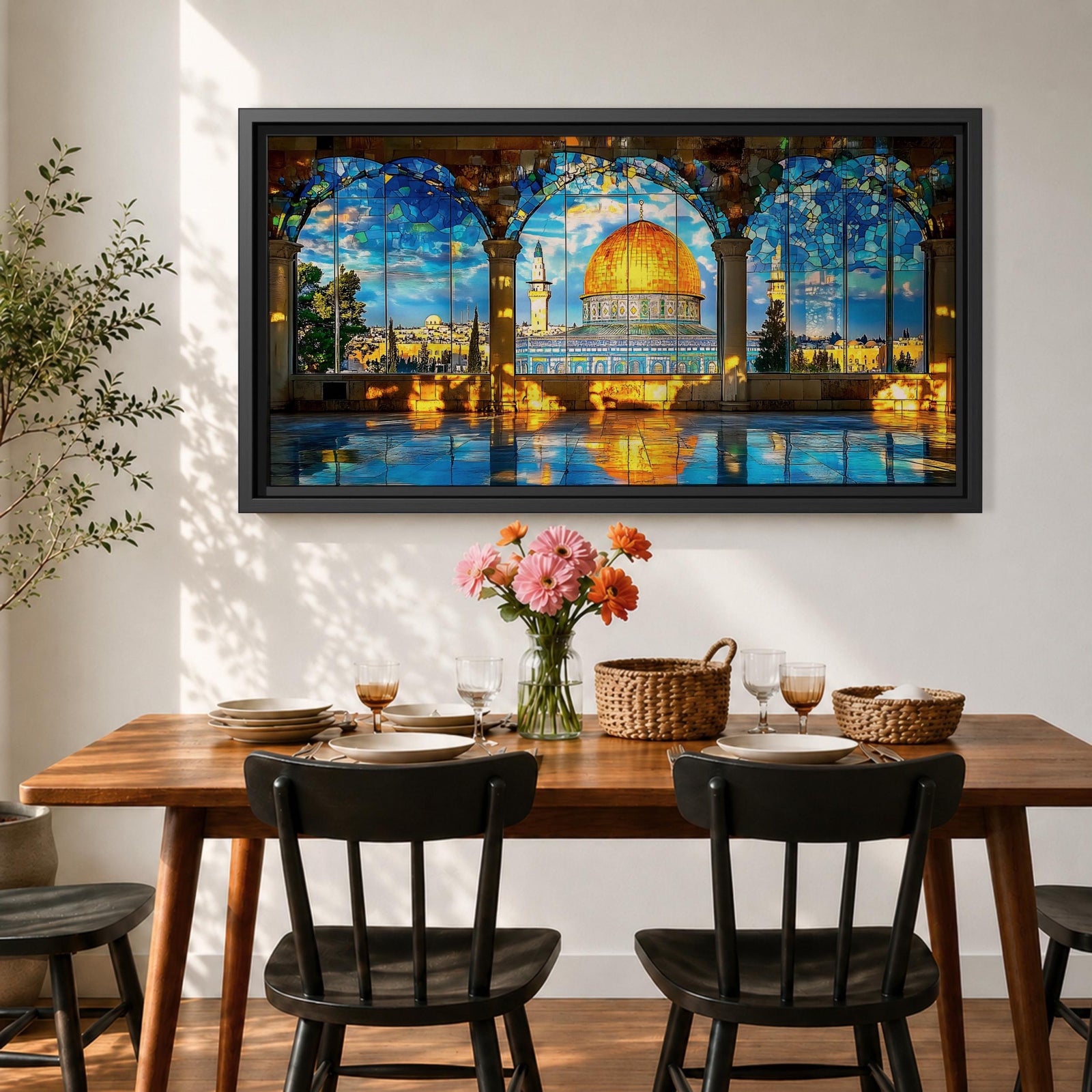 Panoramic artwork depicting the Dome of the Rock with its golden dome rising above detailed blue tiled architecture. The scene is framed by large stone arches and stained glass panels while sunlight reflects across the floor, highlighting the historic Jerusalem landmark beneath a bright sky.