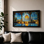 Panoramic artwork depicting the Dome of the Rock with its golden dome rising above detailed blue tiled architecture. The scene is framed by large stone arches and stained glass panels while sunlight reflects across the floor, highlighting the historic Jerusalem landmark beneath a bright sky.