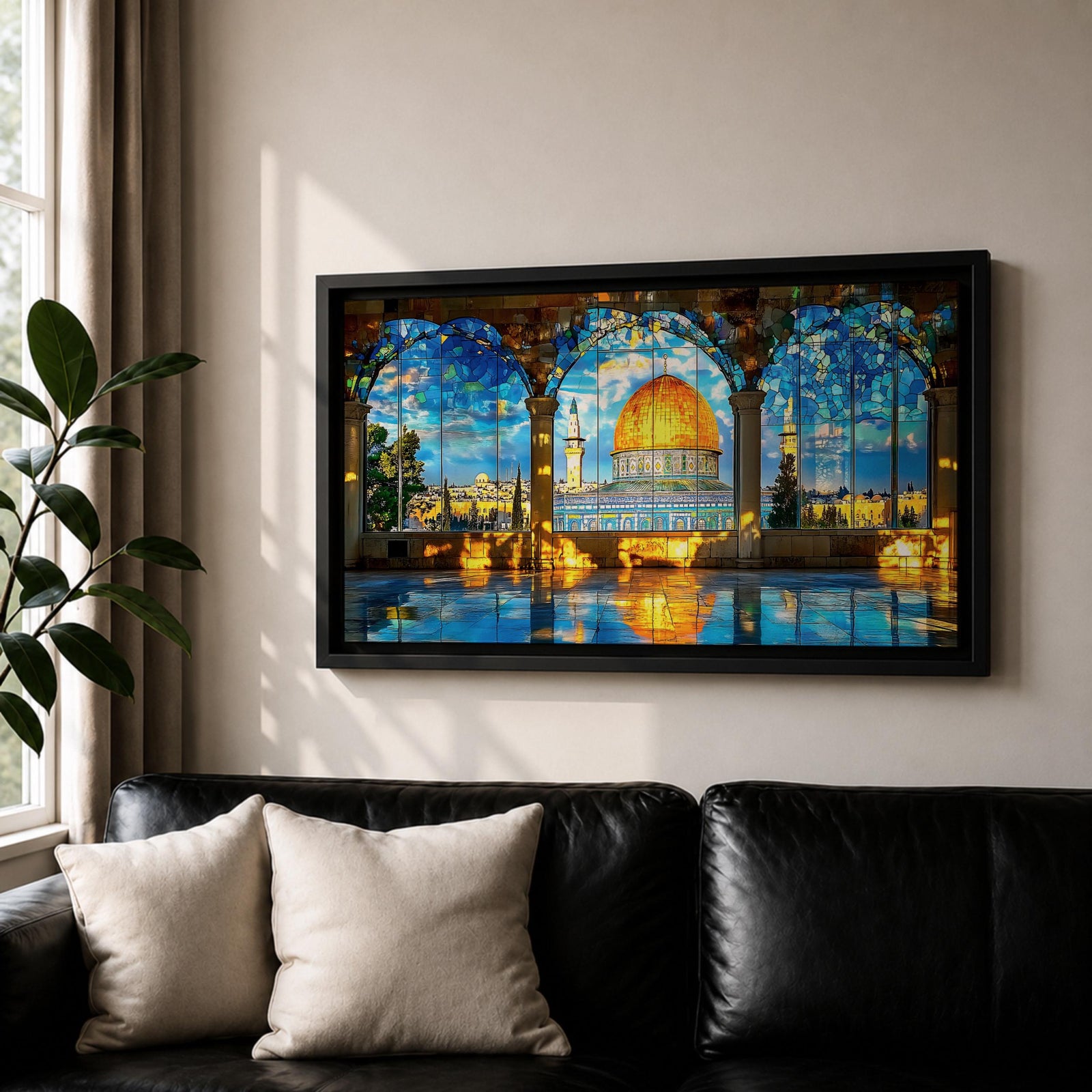 Panoramic artwork depicting the Dome of the Rock with its golden dome rising above detailed blue tiled architecture. The scene is framed by large stone arches and stained glass panels while sunlight reflects across the floor, highlighting the historic Jerusalem landmark beneath a bright sky.