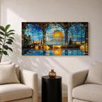 Panoramic artwork depicting the Dome of the Rock with its golden dome rising above detailed blue tiled architecture. The scene is framed by large stone arches and stained glass panels while sunlight reflects across the floor, highlighting the historic Jerusalem landmark beneath a bright sky.
