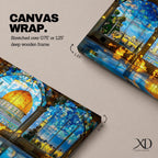 Panoramic artwork depicting the Dome of the Rock with its golden dome rising above detailed blue tiled architecture. The scene is framed by large stone arches and stained glass panels while sunlight reflects across the floor, highlighting the historic Jerusalem landmark beneath a bright sky.