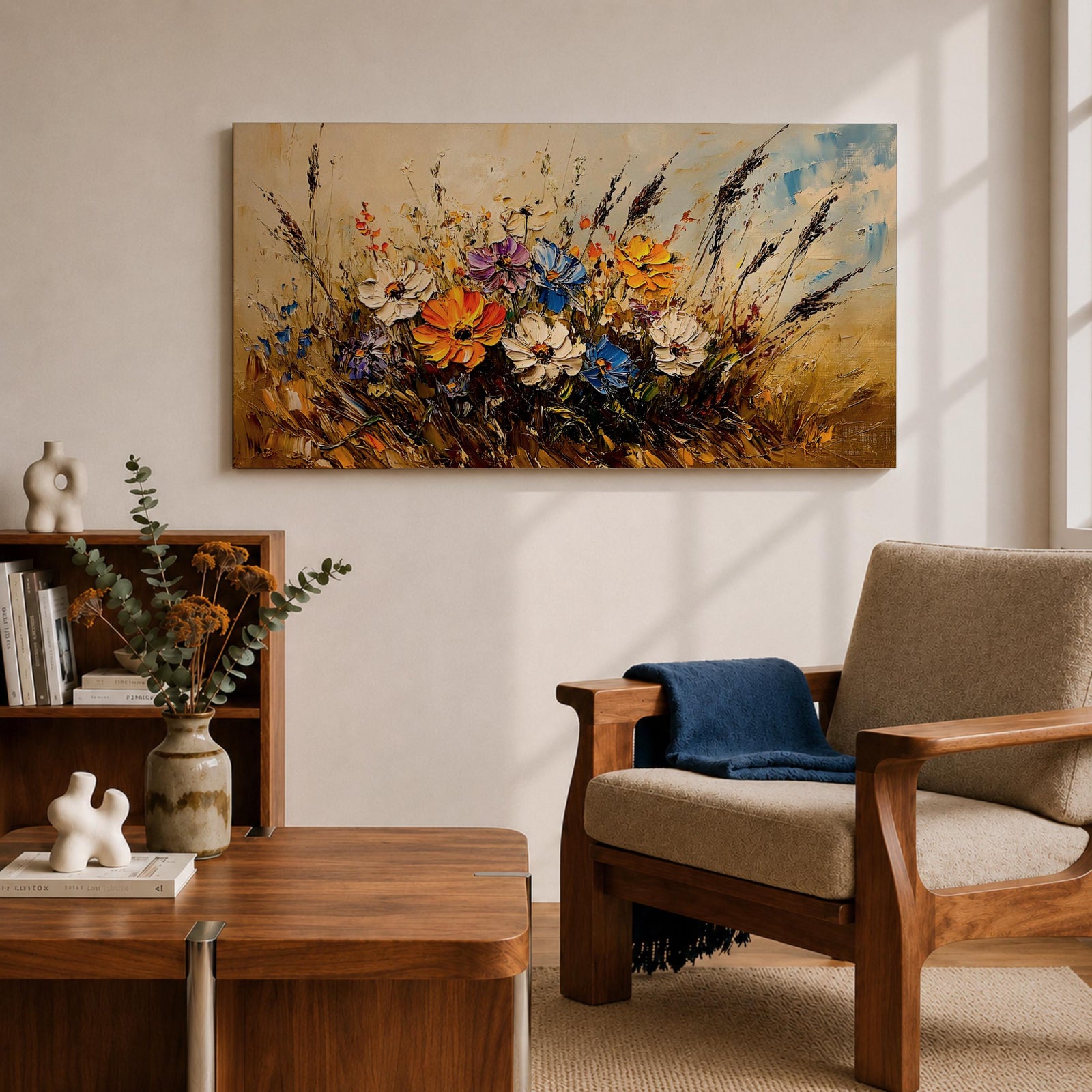 Panoramic painting depicting a vibrant cluster of wildflowers growing through tall meadow grasses. Bright blossoms in orange, blue, purple, and white rise from textured golden stems while loose expressive brushstrokes create movement across the floral arrangement and surrounding field.