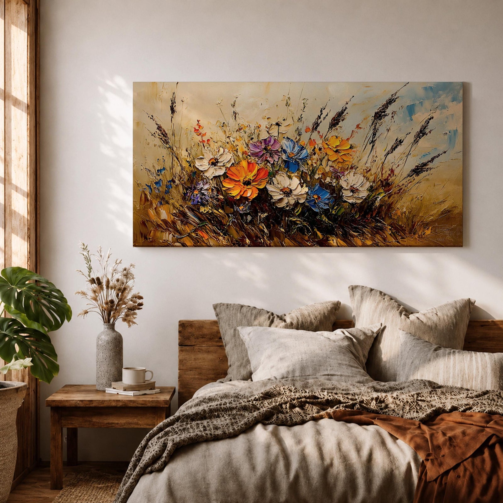 Panoramic painting depicting a vibrant cluster of wildflowers growing through tall meadow grasses. Bright blossoms in orange, blue, purple, and white rise from textured golden stems while loose expressive brushstrokes create movement across the floral arrangement and surrounding field.
