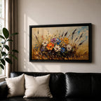 Panoramic painting depicting a vibrant cluster of wildflowers growing through tall meadow grasses. Bright blossoms in orange, blue, purple, and white rise from textured golden stems while loose expressive brushstrokes create movement across the floral arrangement and surrounding field.