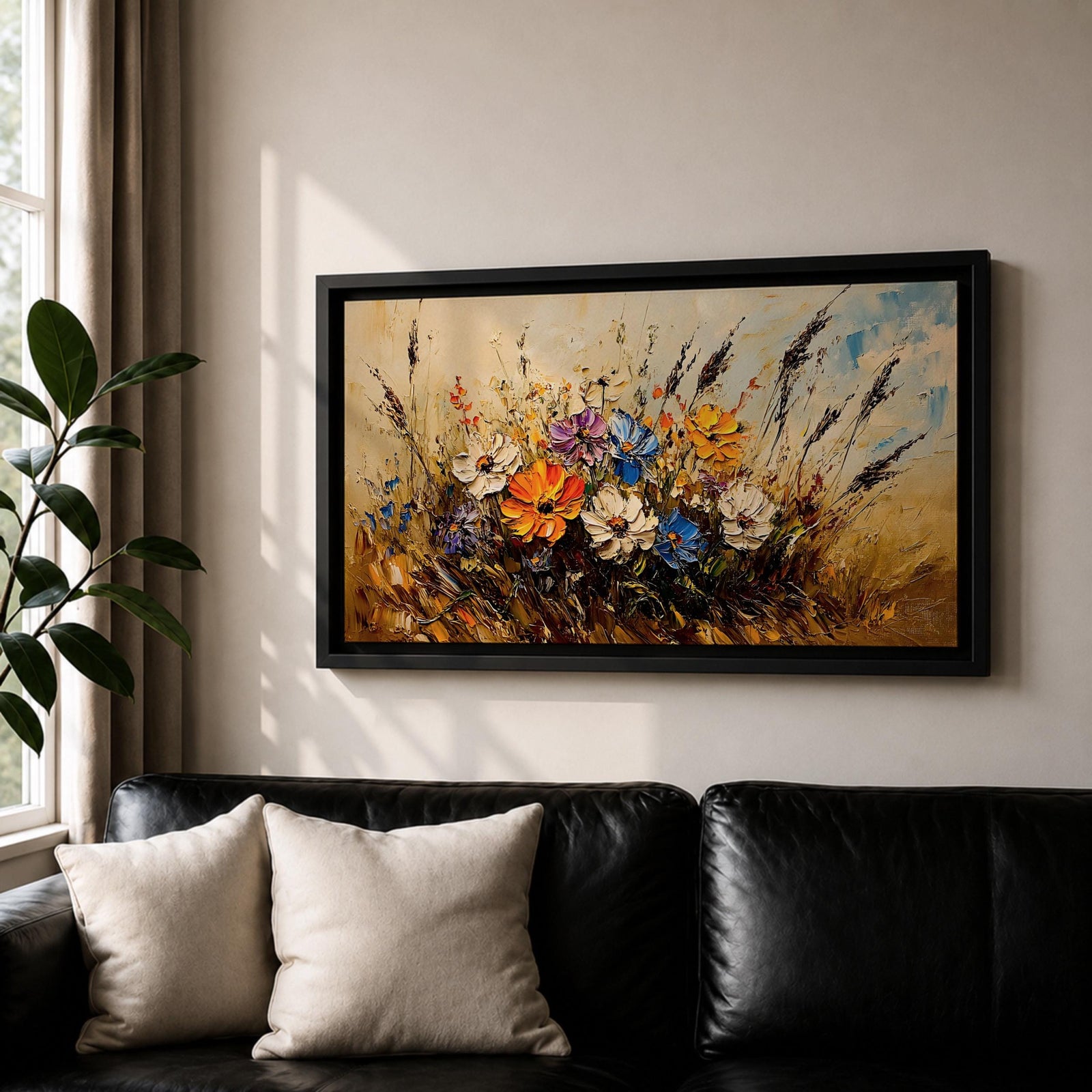 Panoramic painting depicting a vibrant cluster of wildflowers growing through tall meadow grasses. Bright blossoms in orange, blue, purple, and white rise from textured golden stems while loose expressive brushstrokes create movement across the floral arrangement and surrounding field.