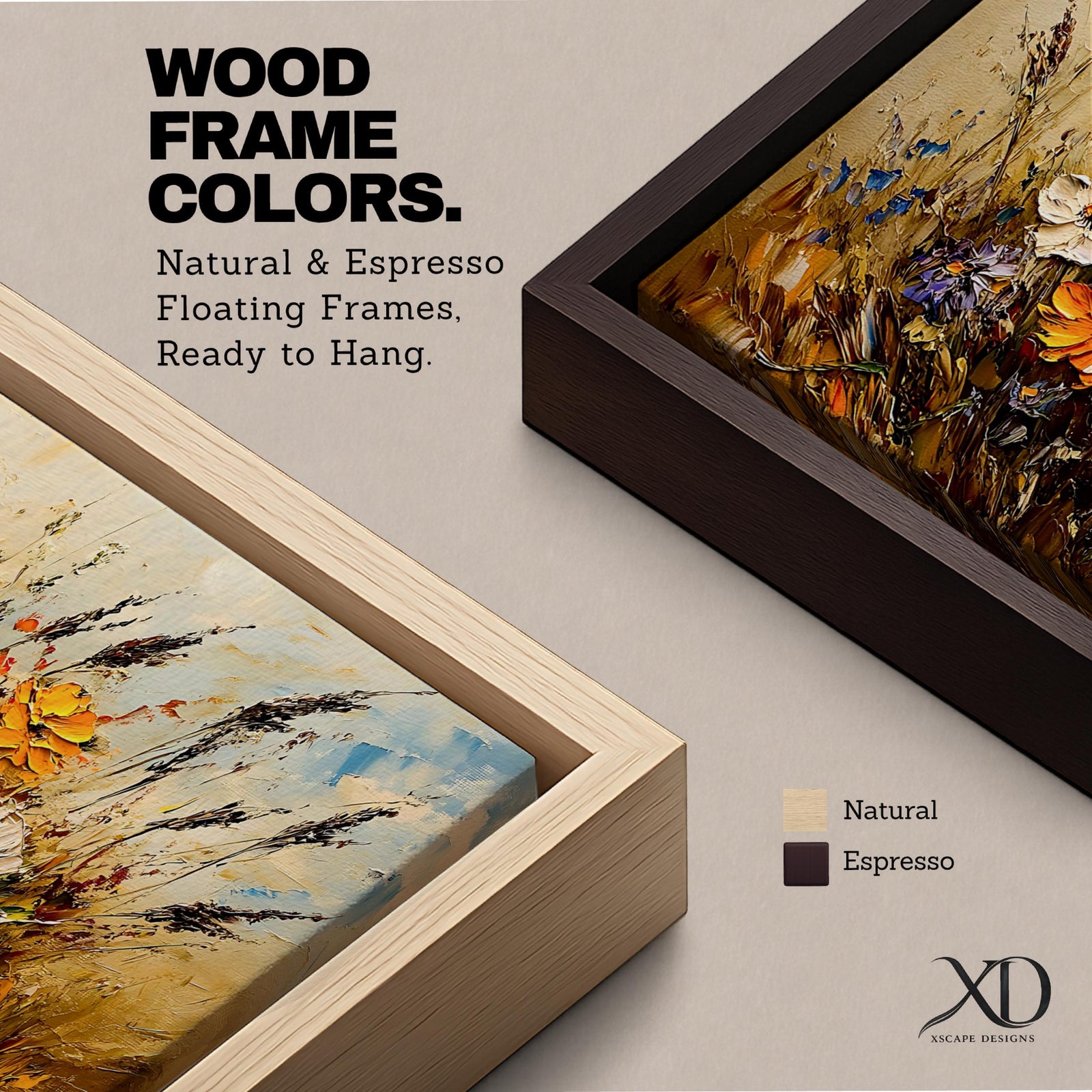 Panoramic painting depicting a vibrant cluster of wildflowers growing through tall meadow grasses. Bright blossoms in orange, blue, purple, and white rise from textured golden stems while loose expressive brushstrokes create movement across the floral arrangement and surrounding field.