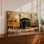 A panoramic painting of the Kaaba at the center of Masjid Al Haram in Mecca, surrounded by mosque arcades and tall minarets with pilgrims gathered around the sacred structure, rendered in warm golden and earth toned brushstrokes with expressive texture highlighting the iconic Islamic sanctuary.
