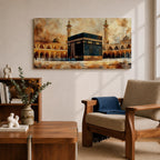 A panoramic painting of the Kaaba at the center of Masjid Al Haram in Mecca, surrounded by mosque arcades and tall minarets with pilgrims gathered around the sacred structure, rendered in warm golden and earth toned brushstrokes with expressive texture highlighting the iconic Islamic sanctuary.