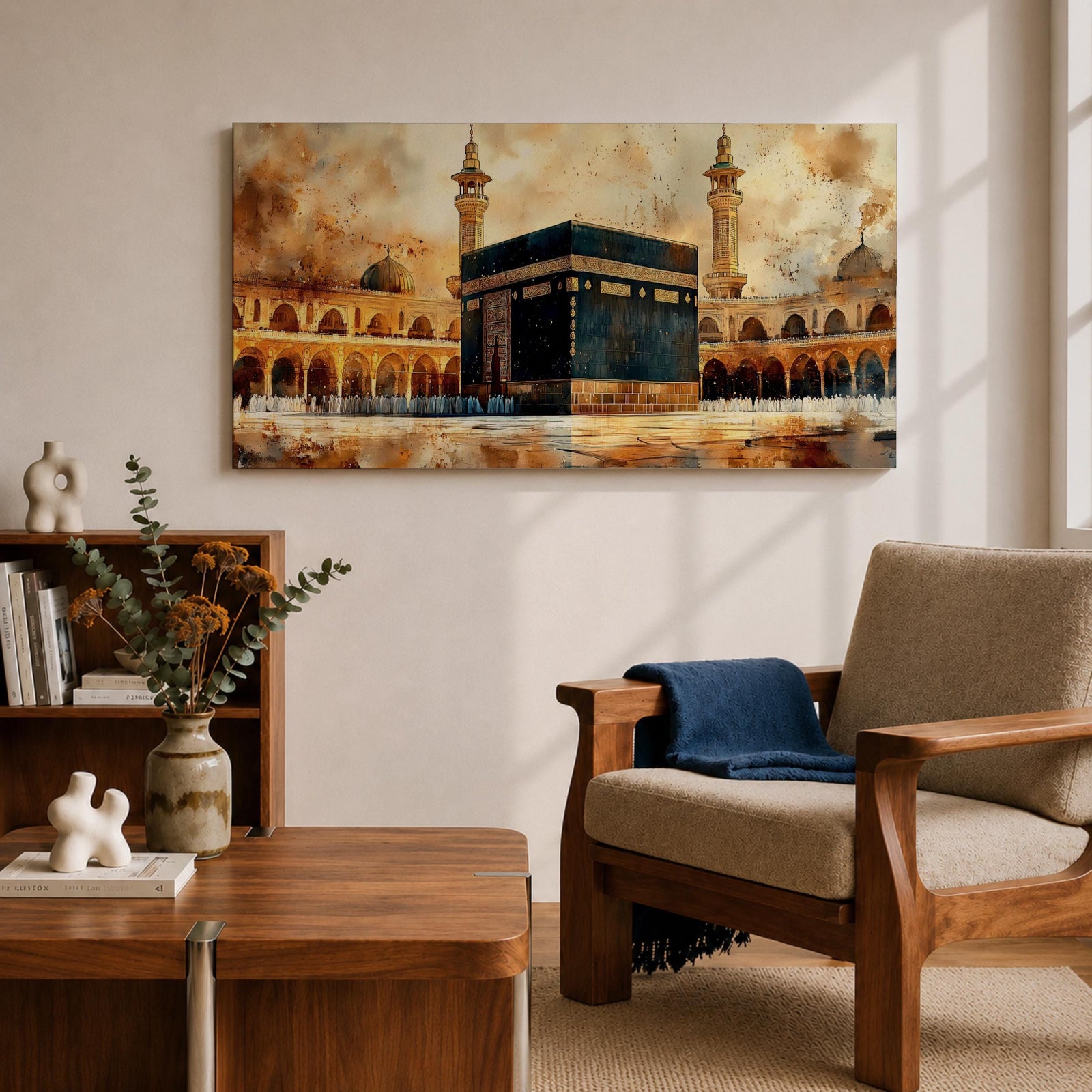 A panoramic painting of the Kaaba at the center of Masjid Al Haram in Mecca, surrounded by mosque arcades and tall minarets with pilgrims gathered around the sacred structure, rendered in warm golden and earth toned brushstrokes with expressive texture highlighting the iconic Islamic sanctuary.