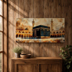 A panoramic painting of the Kaaba at the center of Masjid Al Haram in Mecca, surrounded by mosque arcades and tall minarets with pilgrims gathered around the sacred structure, rendered in warm golden and earth toned brushstrokes with expressive texture highlighting the iconic Islamic sanctuary.