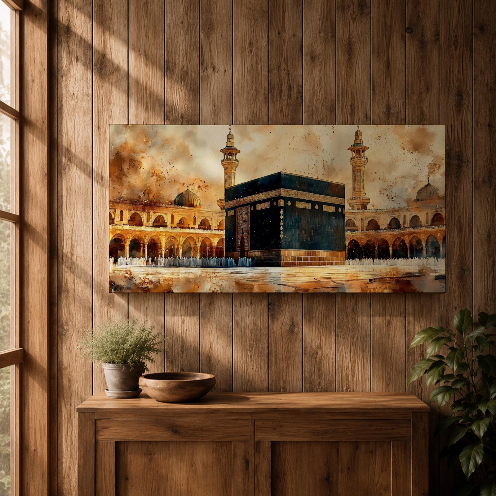 A panoramic painting of the Kaaba at the center of Masjid Al Haram in Mecca, surrounded by mosque arcades and tall minarets with pilgrims gathered around the sacred structure, rendered in warm golden and earth toned brushstrokes with expressive texture highlighting the iconic Islamic sanctuary.
