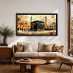 A panoramic painting of the Kaaba at the center of Masjid Al Haram in Mecca, surrounded by mosque arcades and tall minarets with pilgrims gathered around the sacred structure, rendered in warm golden and earth toned brushstrokes with expressive texture highlighting the iconic Islamic sanctuary.