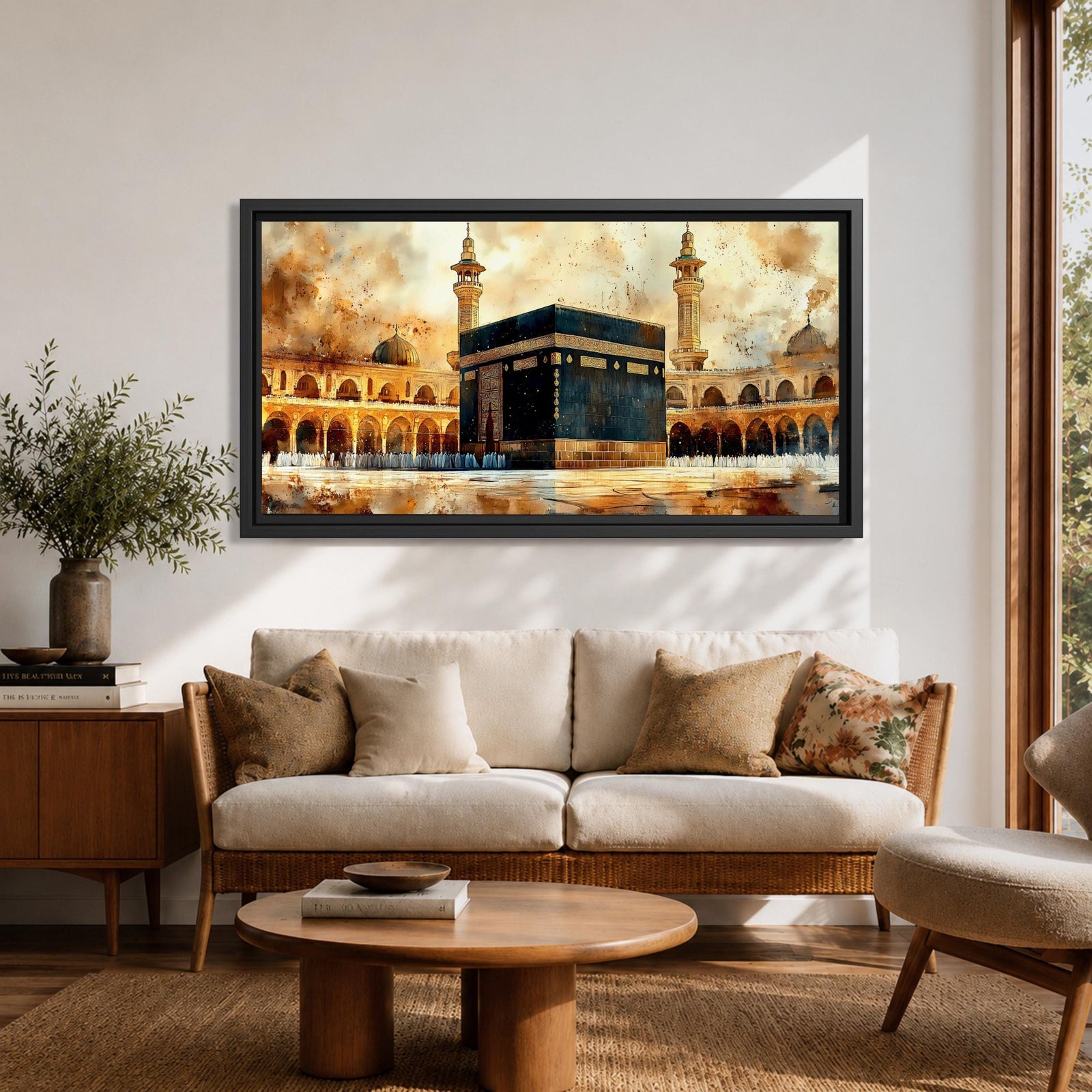 A panoramic painting of the Kaaba at the center of Masjid Al Haram in Mecca, surrounded by mosque arcades and tall minarets with pilgrims gathered around the sacred structure, rendered in warm golden and earth toned brushstrokes with expressive texture highlighting the iconic Islamic sanctuary.