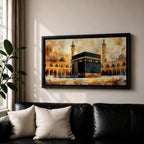 A panoramic painting of the Kaaba at the center of Masjid Al Haram in Mecca, surrounded by mosque arcades and tall minarets with pilgrims gathered around the sacred structure, rendered in warm golden and earth toned brushstrokes with expressive texture highlighting the iconic Islamic sanctuary.