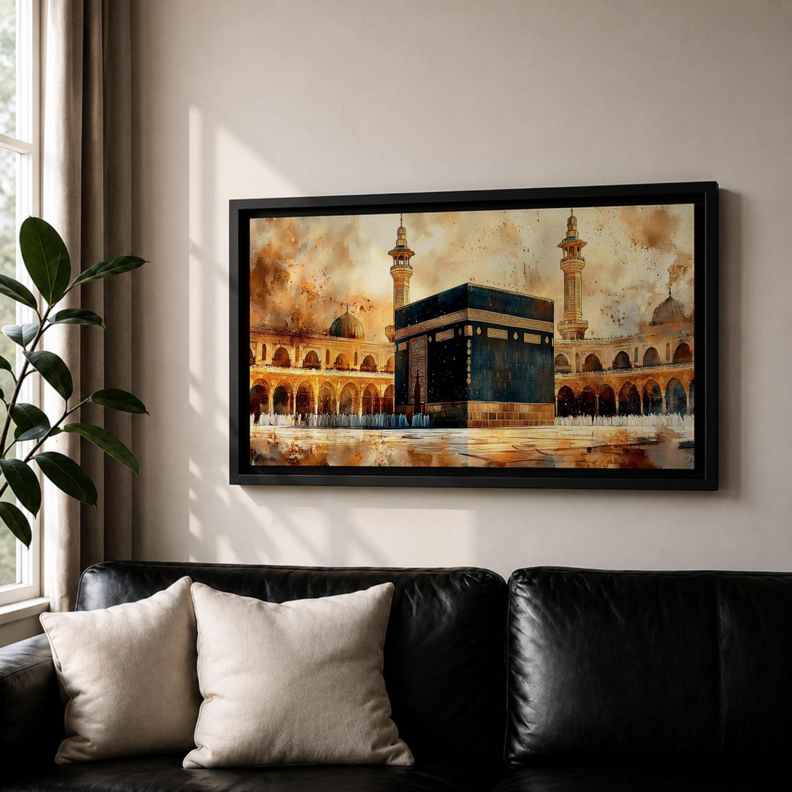 A panoramic painting of the Kaaba at the center of Masjid Al Haram in Mecca, surrounded by mosque arcades and tall minarets with pilgrims gathered around the sacred structure, rendered in warm golden and earth toned brushstrokes with expressive texture highlighting the iconic Islamic sanctuary.