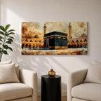 A panoramic painting of the Kaaba at the center of Masjid Al Haram in Mecca, surrounded by mosque arcades and tall minarets with pilgrims gathered around the sacred structure, rendered in warm golden and earth toned brushstrokes with expressive texture highlighting the iconic Islamic sanctuary.