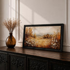 Panoramic landscape painting depicting a golden autumn meadow with white daisies blooming along the foreground. Warm earthy tones fill the grassy field while trees with autumn foliage frame the scene and distant hills fade softly beneath a calm sky.