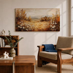 Panoramic landscape painting depicting a golden autumn meadow with white daisies blooming along the foreground. Warm earthy tones fill the grassy field while trees with autumn foliage frame the scene and distant hills fade softly beneath a calm sky.