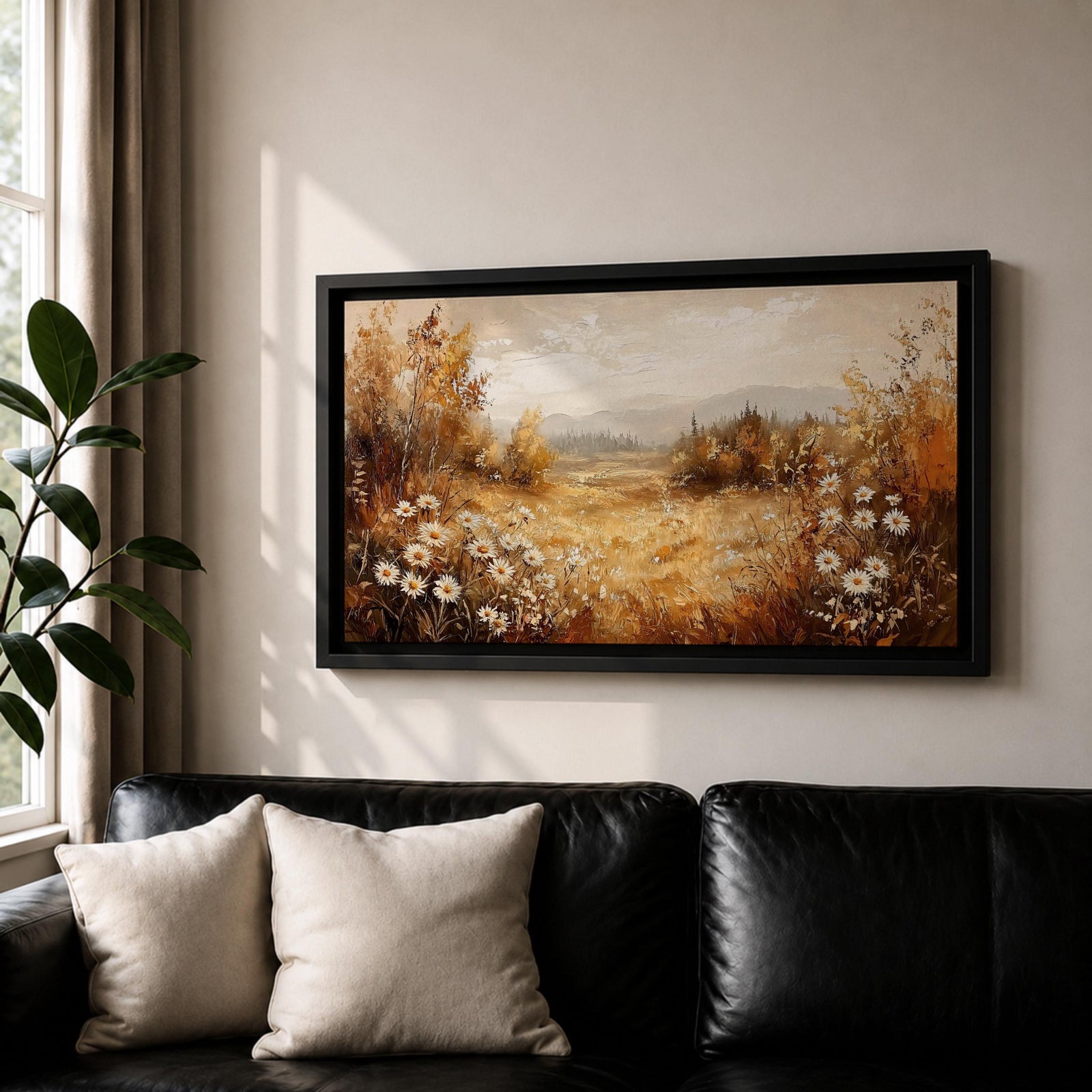 Panoramic landscape painting depicting a golden autumn meadow with white daisies blooming along the foreground. Warm earthy tones fill the grassy field while trees with autumn foliage frame the scene and distant hills fade softly beneath a calm sky.