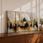 Panoramic painting depicting Masjid Nabawi in Madinah with the iconic green dome rising above the mosque complex surrounded by tall minarets and domes. The skyline is rendered with expressive brushstrokes and warm gold and neutral tones highlighting the sacred Islamic architecture.