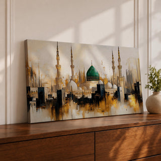 Panoramic painting depicting Masjid Nabawi in Madinah with the iconic green dome rising above the mosque complex surrounded by tall minarets and domes. The skyline is rendered with expressive brushstrokes and warm gold and neutral tones highlighting the sacred Islamic architecture.