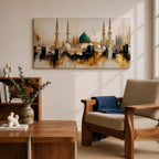 Panoramic painting depicting Masjid Nabawi in Madinah with the iconic green dome rising above the mosque complex surrounded by tall minarets and domes. The skyline is rendered with expressive brushstrokes and warm gold and neutral tones highlighting the sacred Islamic architecture.