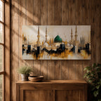 Panoramic painting depicting Masjid Nabawi in Madinah with the iconic green dome rising above the mosque complex surrounded by tall minarets and domes. The skyline is rendered with expressive brushstrokes and warm gold and neutral tones highlighting the sacred Islamic architecture.