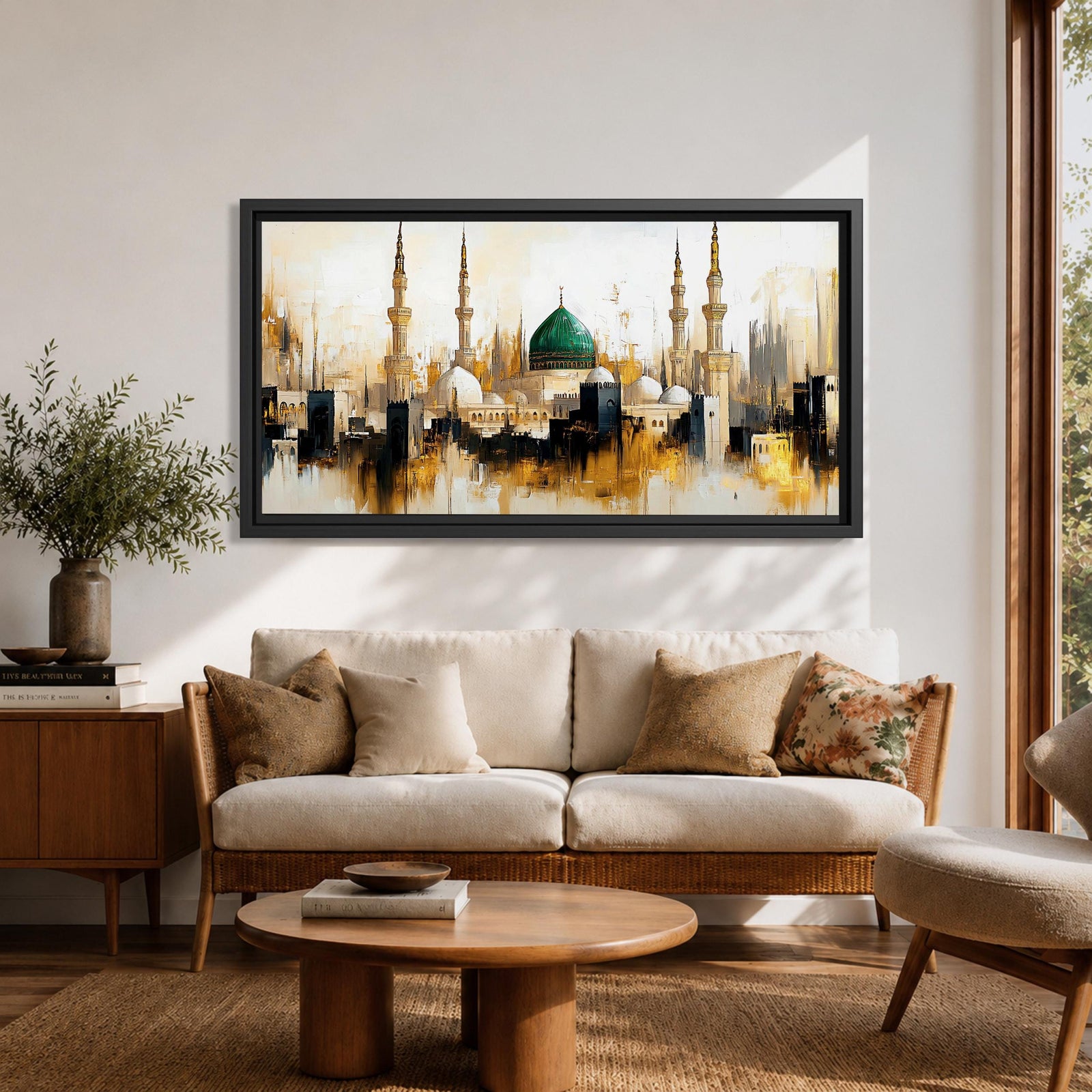 Panoramic painting depicting Masjid Nabawi in Madinah with the iconic green dome rising above the mosque complex surrounded by tall minarets and domes. The skyline is rendered with expressive brushstrokes and warm gold and neutral tones highlighting the sacred Islamic architecture.