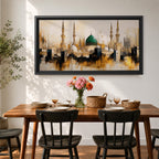 Panoramic painting depicting Masjid Nabawi in Madinah with the iconic green dome rising above the mosque complex surrounded by tall minarets and domes. The skyline is rendered with expressive brushstrokes and warm gold and neutral tones highlighting the sacred Islamic architecture.
