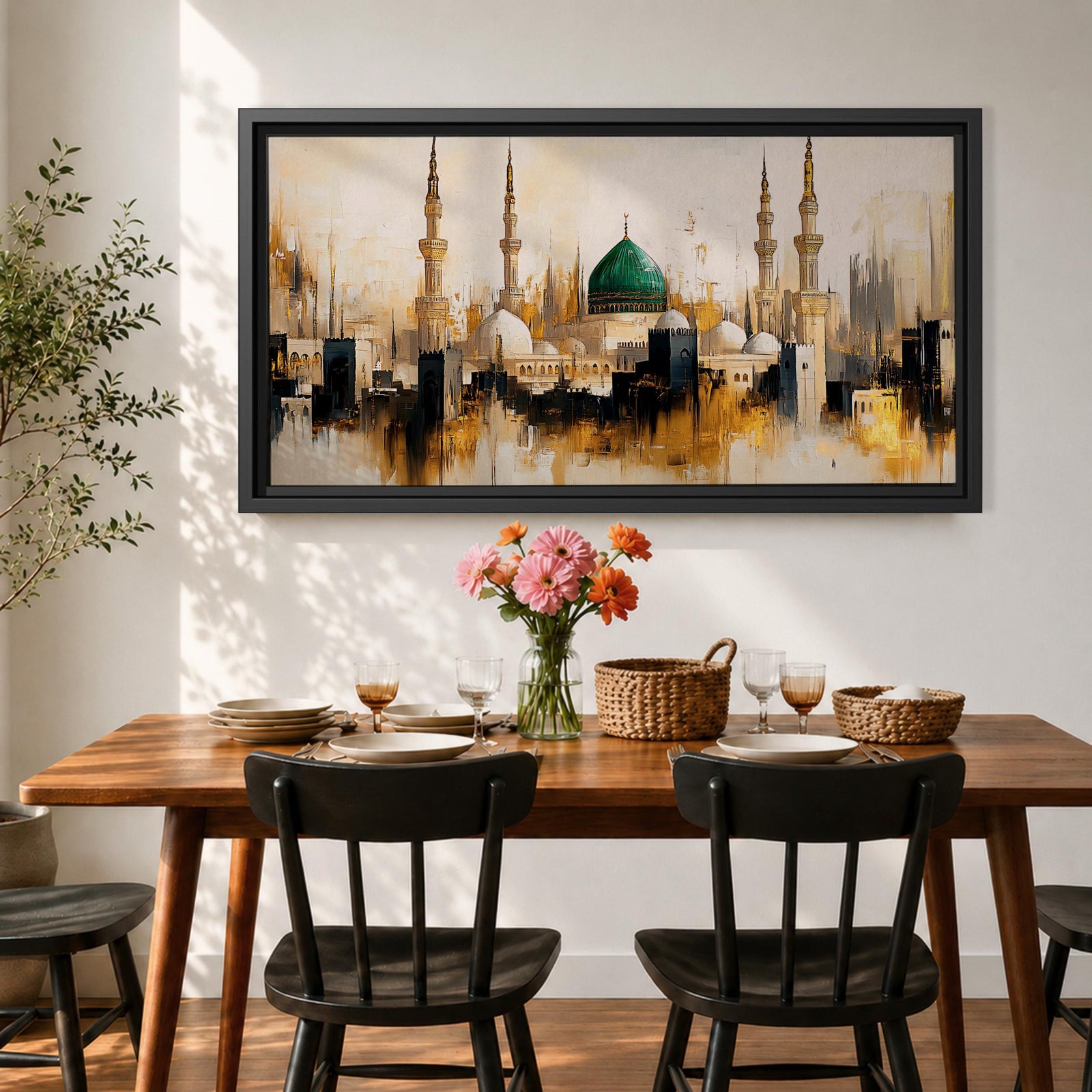 Panoramic painting depicting Masjid Nabawi in Madinah with the iconic green dome rising above the mosque complex surrounded by tall minarets and domes. The skyline is rendered with expressive brushstrokes and warm gold and neutral tones highlighting the sacred Islamic architecture.