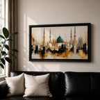 Panoramic painting depicting Masjid Nabawi in Madinah with the iconic green dome rising above the mosque complex surrounded by tall minarets and domes. The skyline is rendered with expressive brushstrokes and warm gold and neutral tones highlighting the sacred Islamic architecture.