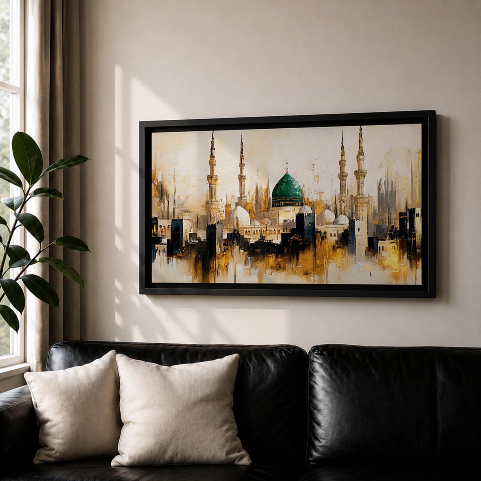 Panoramic painting depicting Masjid Nabawi in Madinah with the iconic green dome rising above the mosque complex surrounded by tall minarets and domes. The skyline is rendered with expressive brushstrokes and warm gold and neutral tones highlighting the sacred Islamic architecture.