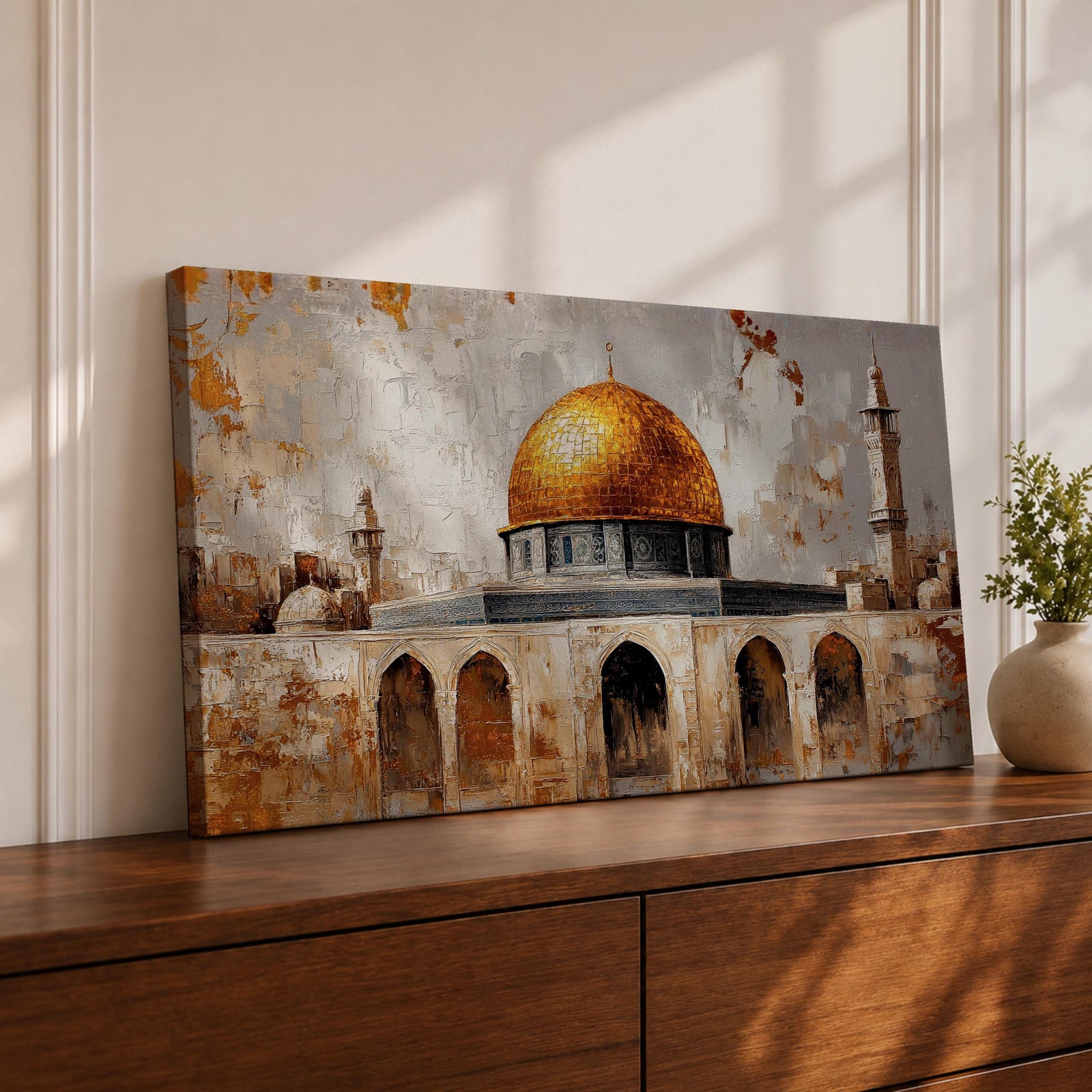 A panoramic painting depicting the golden Dome of the Rock with its bright gilded dome rising above stone arches and historic architecture, accompanied by a tall minaret and surrounding structures, rendered with textured brushstrokes and warm earth tones against a pale sky emphasizing the iconic silhouette of the sacred Jerusalem landmark.