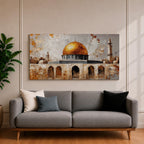 A panoramic painting depicting the golden Dome of the Rock with its bright gilded dome rising above stone arches and historic architecture, accompanied by a tall minaret and surrounding structures, rendered with textured brushstrokes and warm earth tones against a pale sky emphasizing the iconic silhouette of the sacred Jerusalem landmark.
