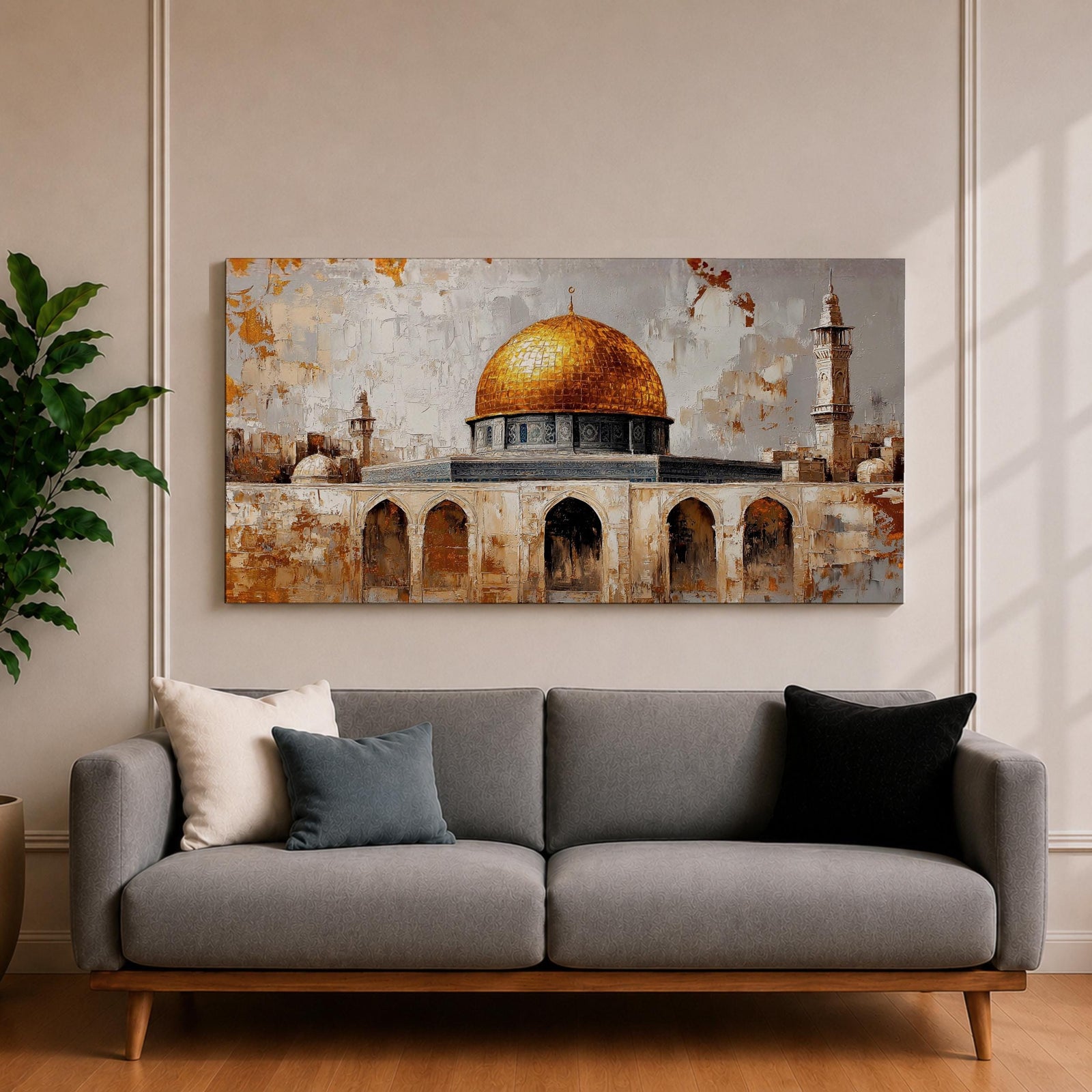 A panoramic painting depicting the golden Dome of the Rock with its bright gilded dome rising above stone arches and historic architecture, accompanied by a tall minaret and surrounding structures, rendered with textured brushstrokes and warm earth tones against a pale sky emphasizing the iconic silhouette of the sacred Jerusalem landmark.