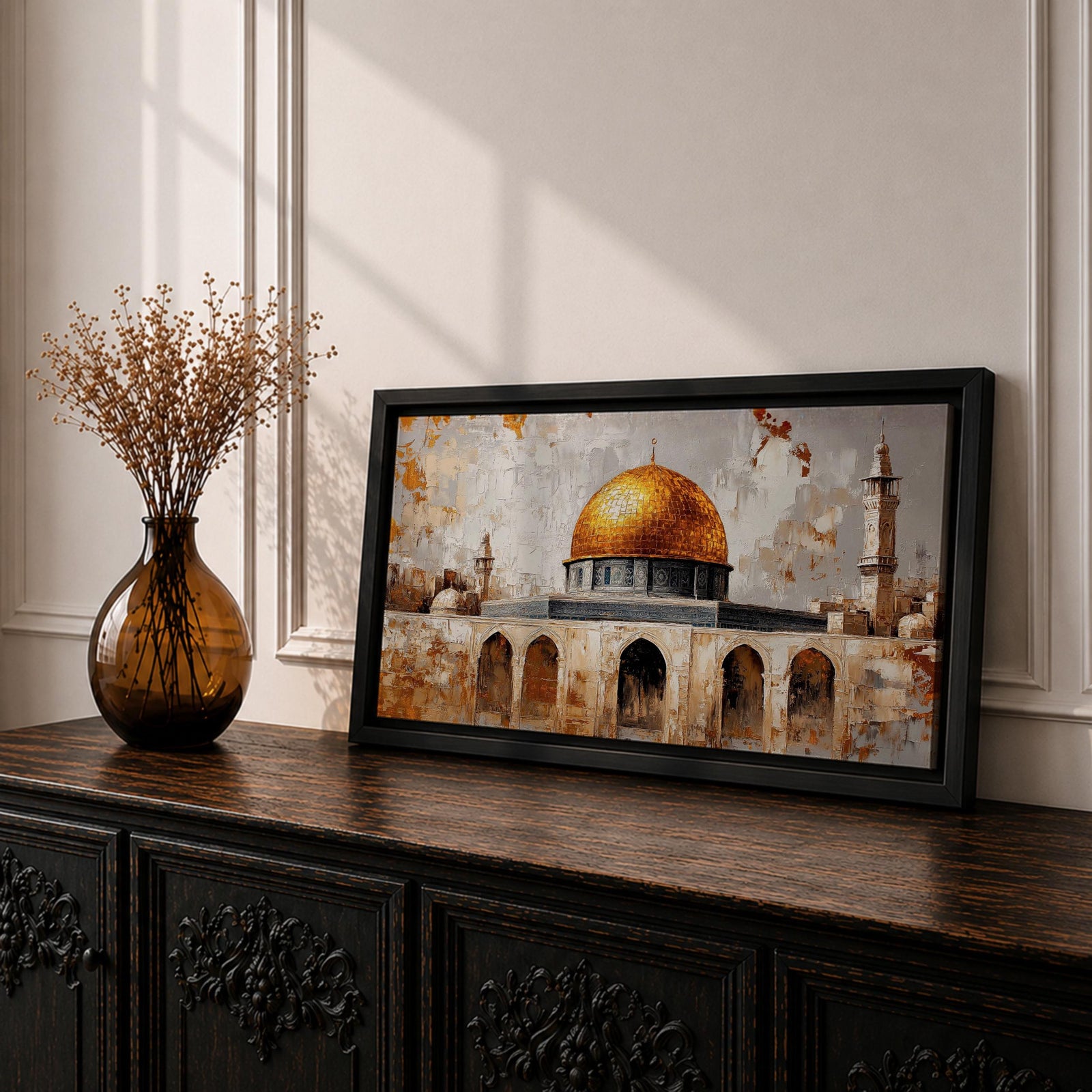 A panoramic painting depicting the golden Dome of the Rock with its bright gilded dome rising above stone arches and historic architecture, accompanied by a tall minaret and surrounding structures, rendered with textured brushstrokes and warm earth tones against a pale sky emphasizing the iconic silhouette of the sacred Jerusalem landmark.