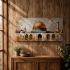 A panoramic painting depicting the golden Dome of the Rock with its bright gilded dome rising above stone arches and historic architecture, accompanied by a tall minaret and surrounding structures, rendered with textured brushstrokes and warm earth tones against a pale sky emphasizing the iconic silhouette of the sacred Jerusalem landmark.