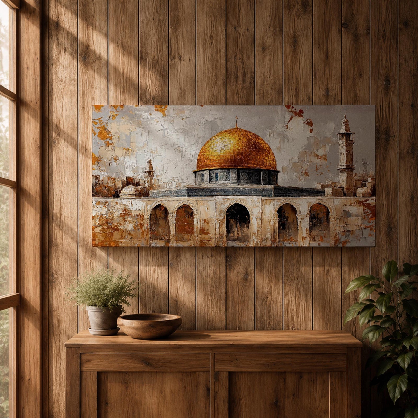 A panoramic painting depicting the golden Dome of the Rock with its bright gilded dome rising above stone arches and historic architecture, accompanied by a tall minaret and surrounding structures, rendered with textured brushstrokes and warm earth tones against a pale sky emphasizing the iconic silhouette of the sacred Jerusalem landmark.