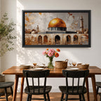 A panoramic painting depicting the golden Dome of the Rock with its bright gilded dome rising above stone arches and historic architecture, accompanied by a tall minaret and surrounding structures, rendered with textured brushstrokes and warm earth tones against a pale sky emphasizing the iconic silhouette of the sacred Jerusalem landmark.
