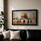 A panoramic painting depicting the golden Dome of the Rock with its bright gilded dome rising above stone arches and historic architecture, accompanied by a tall minaret and surrounding structures, rendered with textured brushstrokes and warm earth tones against a pale sky emphasizing the iconic silhouette of the sacred Jerusalem landmark.
