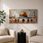 A panoramic painting depicting the golden Dome of the Rock with its bright gilded dome rising above stone arches and historic architecture, accompanied by a tall minaret and surrounding structures, rendered with textured brushstrokes and warm earth tones against a pale sky emphasizing the iconic silhouette of the sacred Jerusalem landmark.