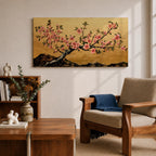 A panoramic painting of a flowering cherry blossom branch extending across the composition with clusters of soft pink sakura flowers and dark textured bark, set against a rich gold background with distant mountain silhouettes, rendered in a Japanese inspired style with detailed petals and balanced horizontal composition.