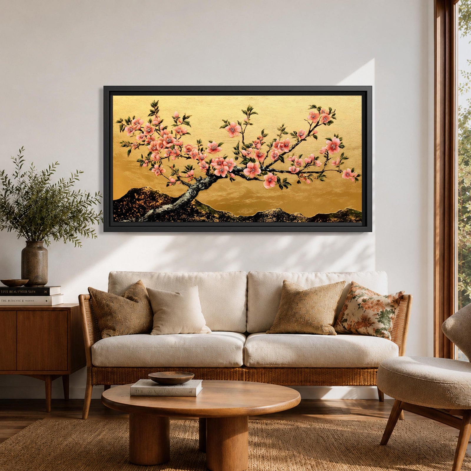 A panoramic painting of a flowering cherry blossom branch extending across the composition with clusters of soft pink sakura flowers and dark textured bark, set against a rich gold background with distant mountain silhouettes, rendered in a Japanese inspired style with detailed petals and balanced horizontal composition.