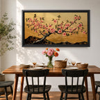 A panoramic painting of a flowering cherry blossom branch extending across the composition with clusters of soft pink sakura flowers and dark textured bark, set against a rich gold background with distant mountain silhouettes, rendered in a Japanese inspired style with detailed petals and balanced horizontal composition.