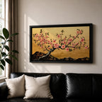 A panoramic painting of a flowering cherry blossom branch extending across the composition with clusters of soft pink sakura flowers and dark textured bark, set against a rich gold background with distant mountain silhouettes, rendered in a Japanese inspired style with detailed petals and balanced horizontal composition.